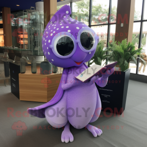 Lavender Stingray mascot costume character dressed with a Evening Gown and Reading glasses