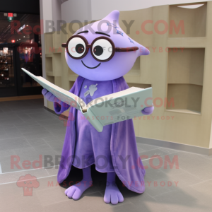 Lavender Stingray mascot costume character dressed with a Evening Gown and Reading glasses