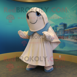 Cream Dolphin mascot costume character dressed with a Mini Dress and Shawl pins