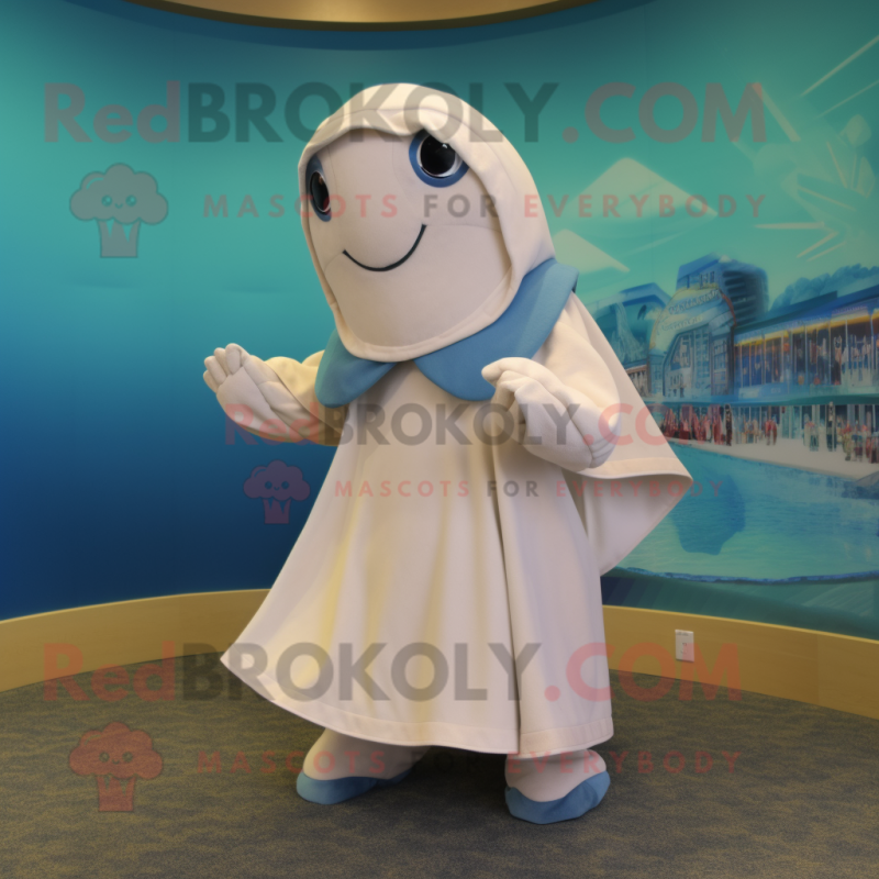 Cream Dolphin mascot costume character dressed with a Mini Dress and Shawl pins Cream Dolphin mascot costume character dressed with a Mini Dress and Shawl pins