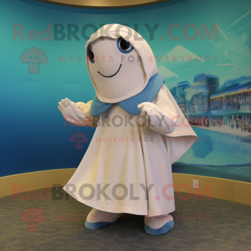 Cream Dolphin mascot costume character dressed with a Mini Dress and Shawl pins