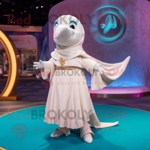 Cream Dolphin mascot costume character dressed with a Mini Dress and Shawl pins