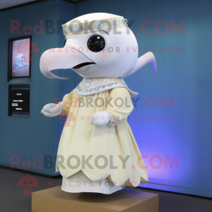 Cream Dolphin mascot costume character dressed with a Mini Dress and Shawl pins