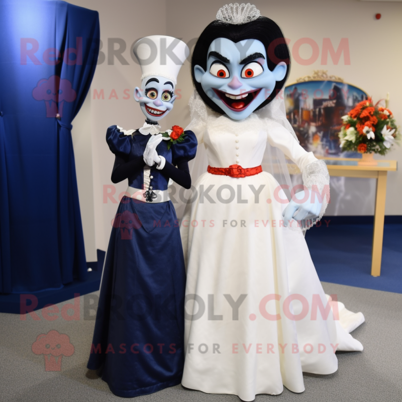 Navy Vampire mascot costume character dressed with a Wedding Dress and Rings