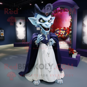 Navy Vampire mascot costume character dressed with a Wedding Dress and Rings