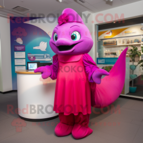 Magenta Dolphin mascot costume character dressed with a Maxi Skirt and Caps