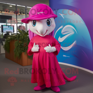 Magenta Dolphin mascot costume character dressed with a Maxi Skirt and Caps