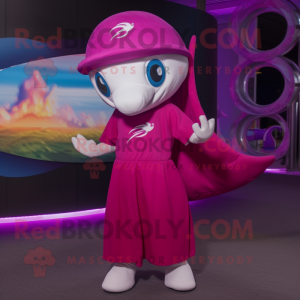 Magenta Dolphin mascot costume character dressed with a Maxi Skirt and Caps