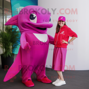 Magenta Dolphin mascot costume character dressed with a Maxi Skirt and Caps