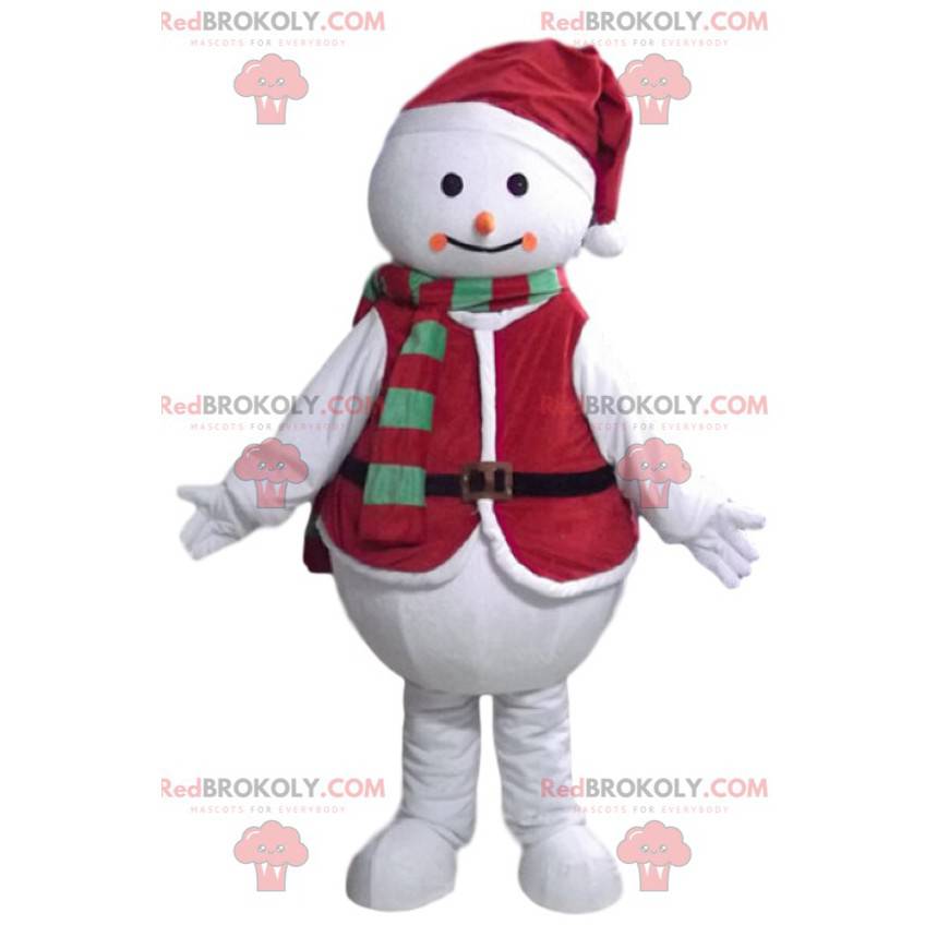 Mascotte de bonhomme de neige avec une tenue de Noël -