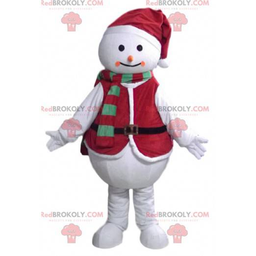 Mascotte pupazzo di neve con un vestito di Natale -