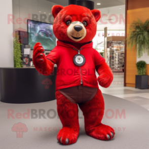 Red Bear mascot costume character dressed with a Jeggings and Bracelet watches