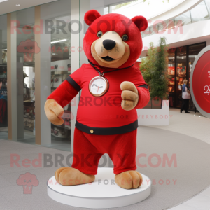 Red Bear mascot costume character dressed with a Jeggings and Bracelet watches