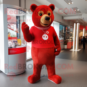 Red Bear mascot costume character dressed with a Jeggings and Bracelet watches