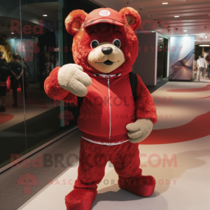 Red Bear mascot costume character dressed with a Jeggings and Bracelet watches