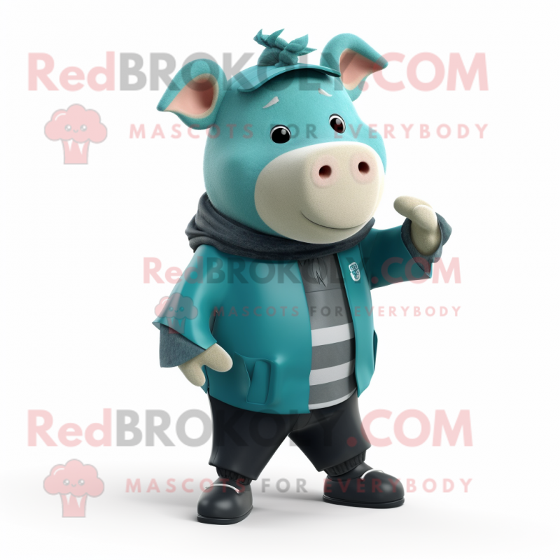 Teal Pig mascot costume character dressed with a Chinos and Wraps