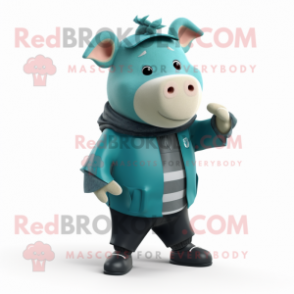 Teal Pig mascot costume character dressed with a Chinos and Wraps