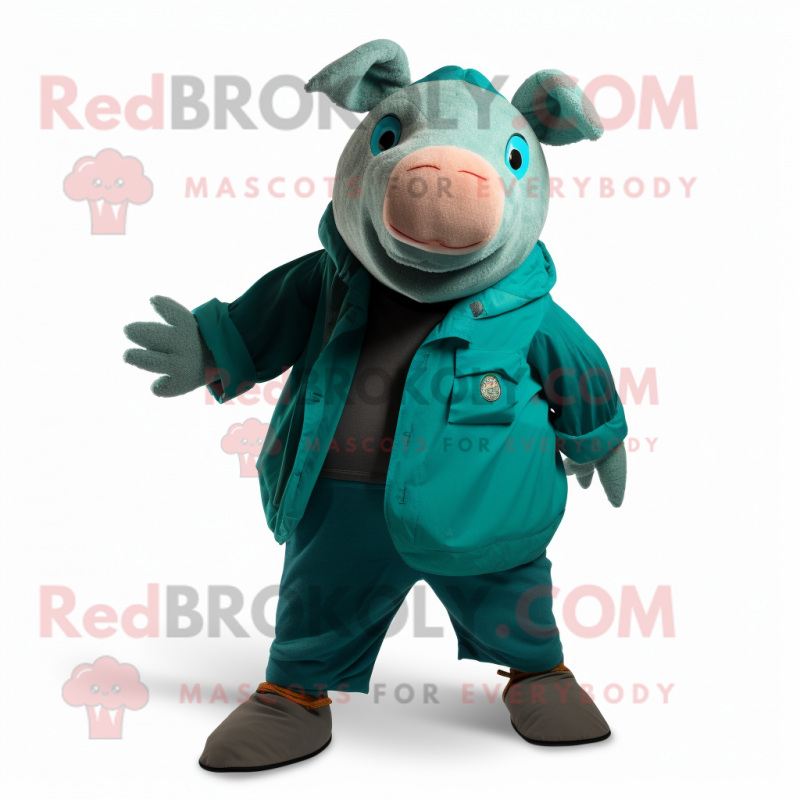 Teal Pig mascot costume character dressed with a Chinos and Wraps Teal Pig mascot costume character dressed with a Chinos and Wraps
