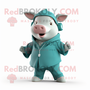 Teal Pig mascot costume character dressed with a Chinos and Wraps