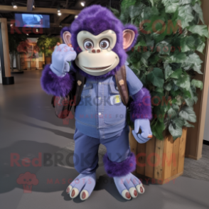 Purple Chimpanzee mascot costume character dressed with a Flare Jeans and Backpacks