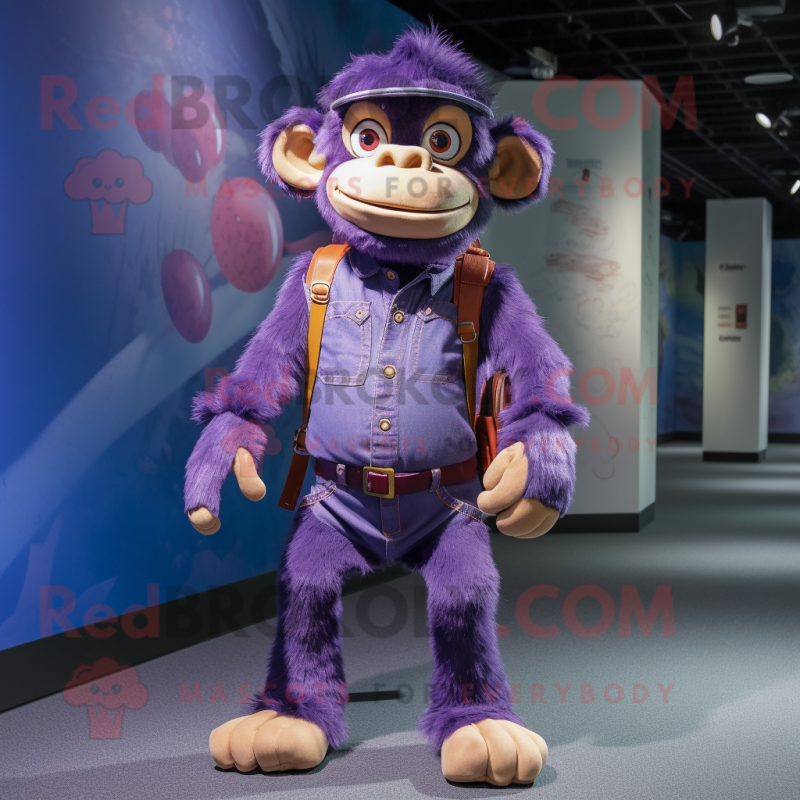 Purple Chimpanzee mascot costume character dressed with a Flare Jeans and Backpacks Purple Chimpanzee mascot costume character dressed with a Flare Jeans and Backpacks