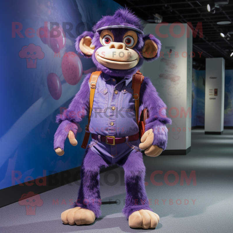 Purple Chimpanzee mascot costume character dressed with a Flare Jeans and Backpacks