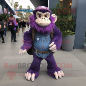 Purple Chimpanzee mascot costume character dressed with a Flare Jeans and Backpacks