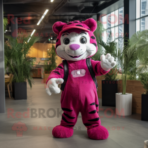 Magenta Tiger mascot costume character dressed with a Dungarees and Beanies