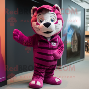 Magenta Tiger mascot costume character dressed with a Dungarees and Beanies