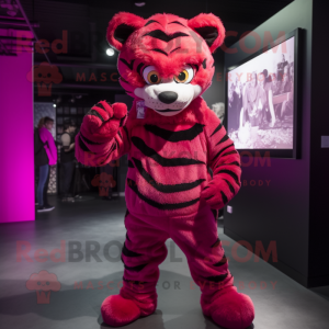 Magenta Tiger mascot costume character dressed with a Dungarees and Beanies