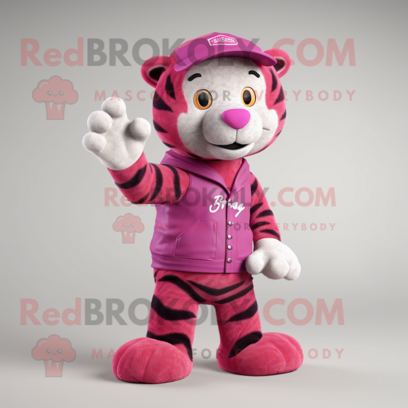 Magenta Tiger mascot costume character dressed with a Dungarees and Beanies