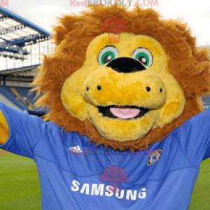 Geel en bruin leeuw mascotte met een blauwe trui -