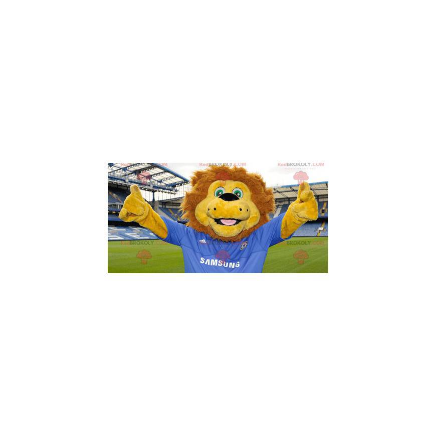 Geel en bruin leeuw mascotte met een blauwe trui -