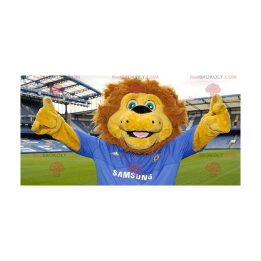 Mascotte de lion jaune et marron avec un maillot bleu -