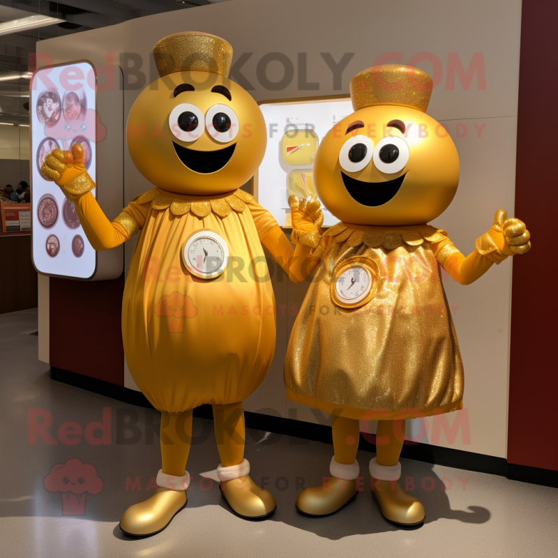 Gold Meatballs mascot costume character dressed with a A-Line Dress and Smartwatches