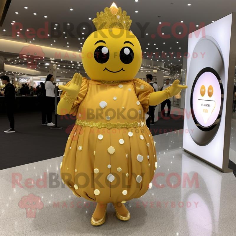 Gold Meatballs mascot costume character dressed with a A-Line Dress and Smartwatches Gold Meatballs mascot costume character dressed with a A-Line Dress and Smartwatches