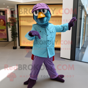 Lavender Macaw mascot costume character dressed with a Jumpsuit and Berets