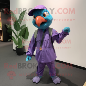 Lavender Macaw mascot costume character dressed with a Jumpsuit and Berets