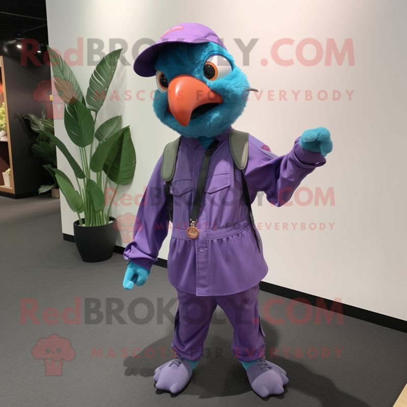 Lavender Macaw mascot costume character dressed with a Jumpsuit and Berets Lavender Macaw mascot costume character dressed with a Jumpsuit and Berets