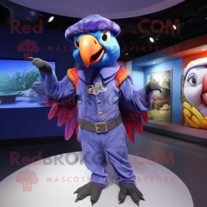 Lavender Macaw mascot costume character dressed with a Jumpsuit and Berets