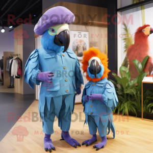 Lavender Macaw mascot costume character dressed with a Jumpsuit and Berets