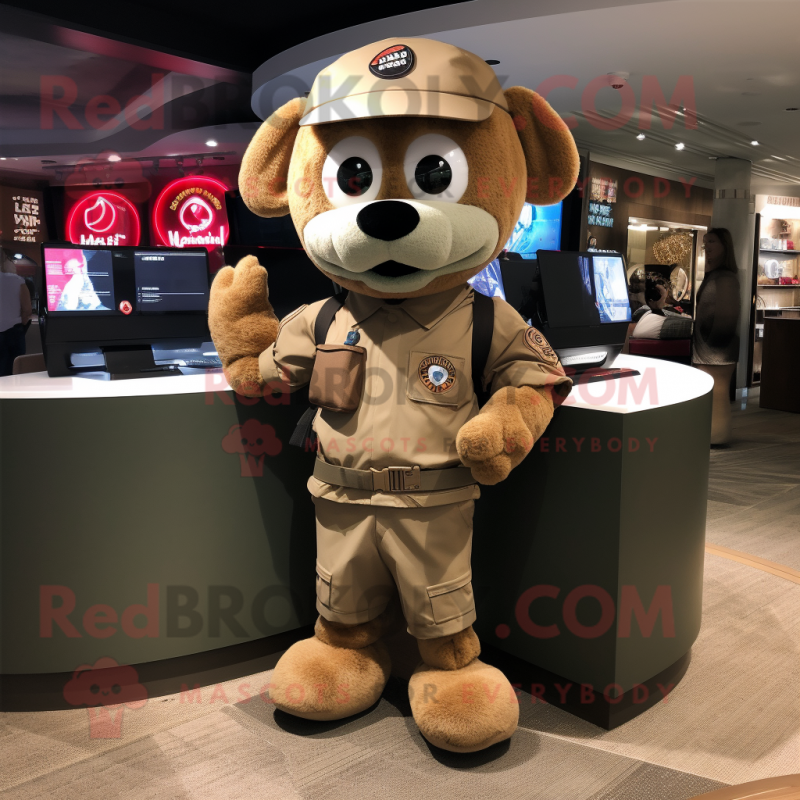 Tan Sniper mascot costume character dressed with a Bomber Jacket and Bracelets