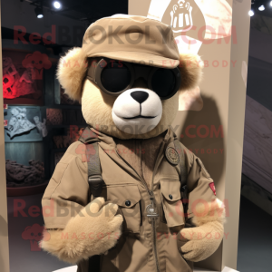 Tan Sniper mascot costume character dressed with a Bomber Jacket and Bracelets