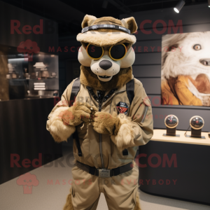 Tan Sniper mascot costume character dressed with a Bomber Jacket and Bracelets