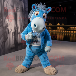 Blue Quagga mascot costume character dressed with a Corduroy Pants and Keychains