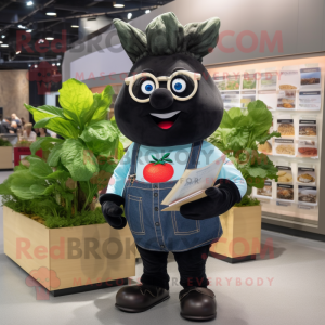 Black Turnip mascot costume character dressed with a Chambray Shirt and Reading glasses