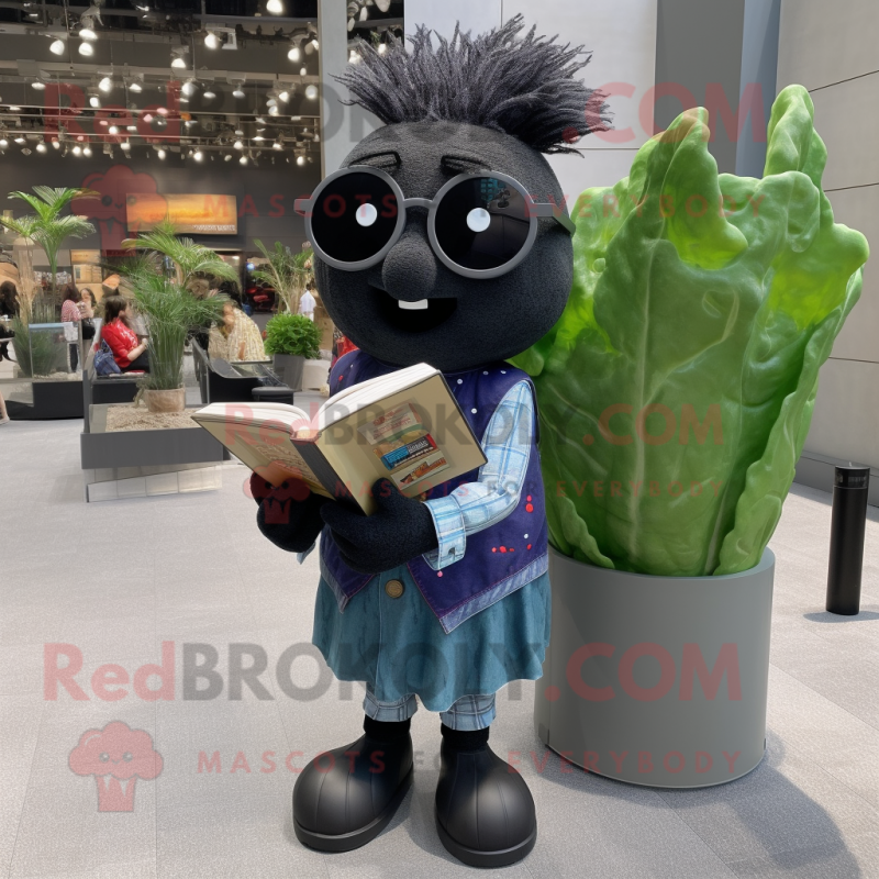 Black Turnip mascot costume character dressed with a Chambray Shirt and Reading glasses