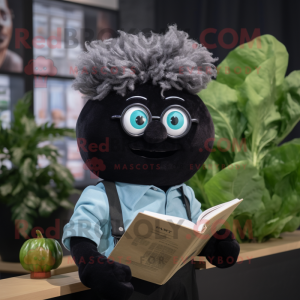 Black Turnip mascot costume character dressed with a Chambray Shirt and Reading glasses