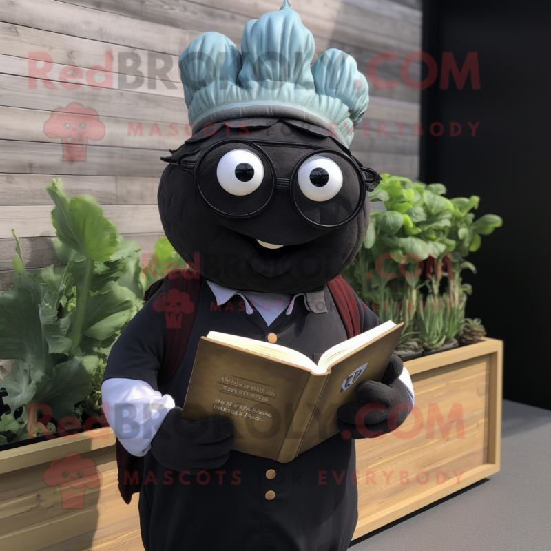 Black Turnip mascot costume character dressed with a Chambray Shirt and Reading glasses