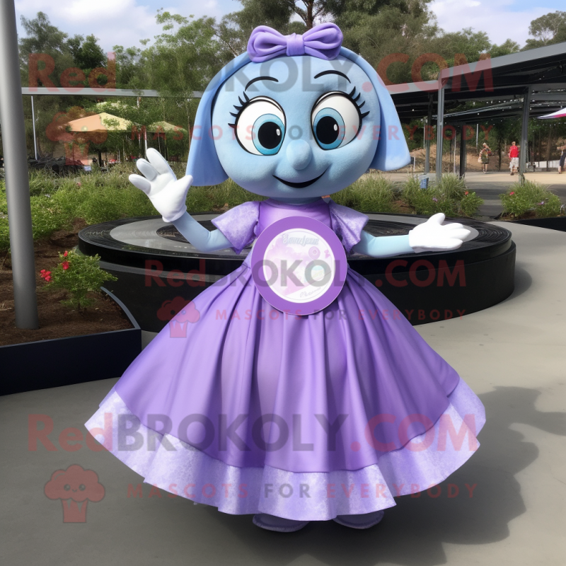 Lavender Plate Spinner mascot costume character dressed with a Wrap Skirt and Keychains Lavender Plate Spinner mascot costume character dressed with a Wrap Skirt and Keychains